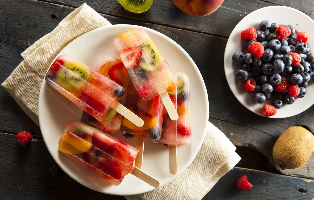 Фото обои ягоды, малина, киви, черника, фрукты, десерт, фруктовый лёд
