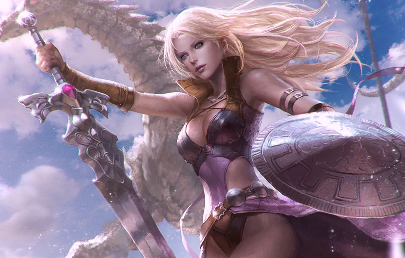 Фото обои фентези, дракон, Девушка, меч, воин, арт, щит
