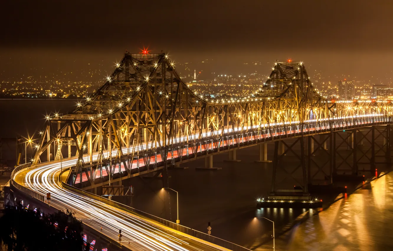 Фото обои мост, город, огни
