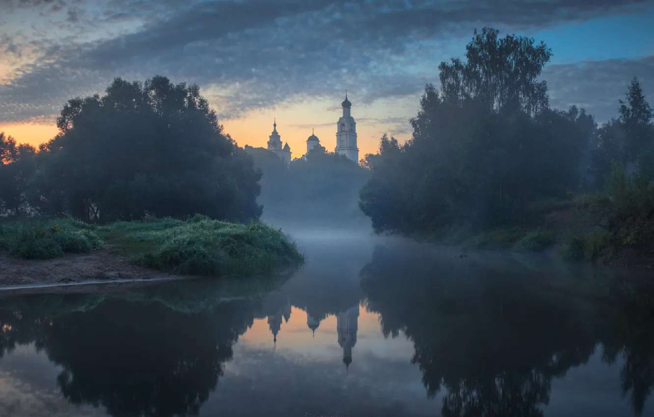 Фото обои отражение, река, утро, храм, Владимирская область, фотограф Дубровинский Михаил