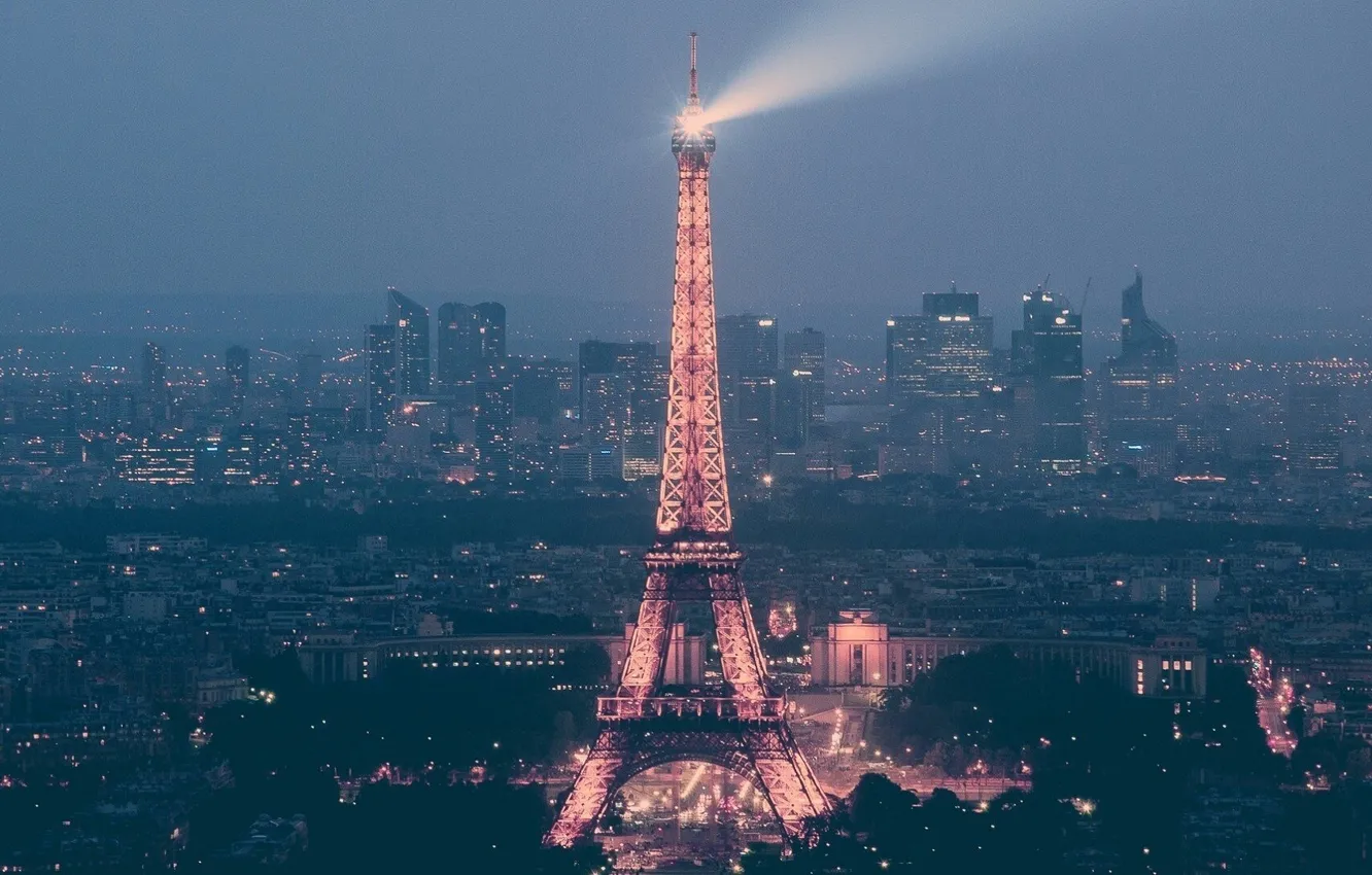 Фото обои Франция, Париж, Дома, Огни, Город, Улица, City, Эйфелева башня