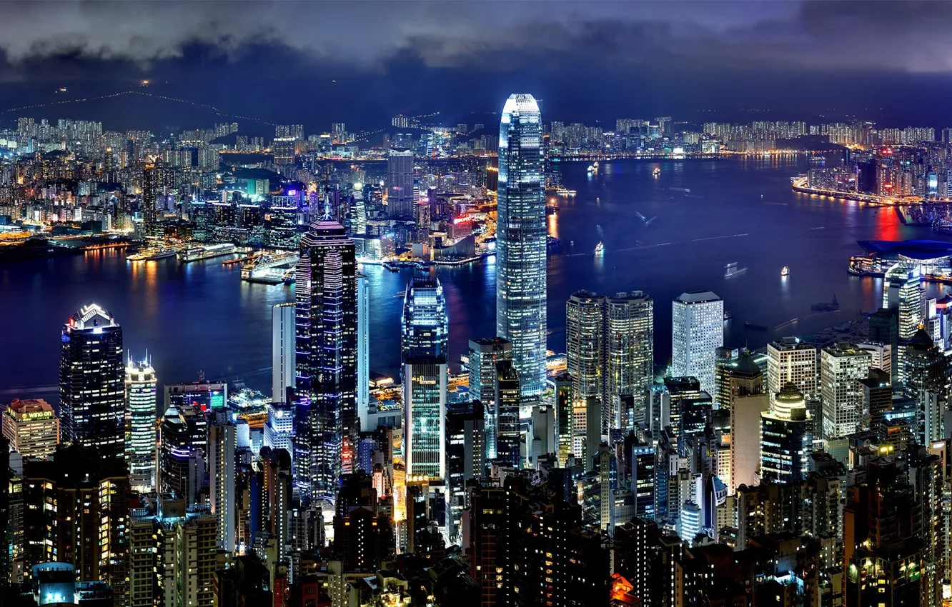 Фото обои city, lights, widescreen, sea, ocean, night, Hong Kong, buildings