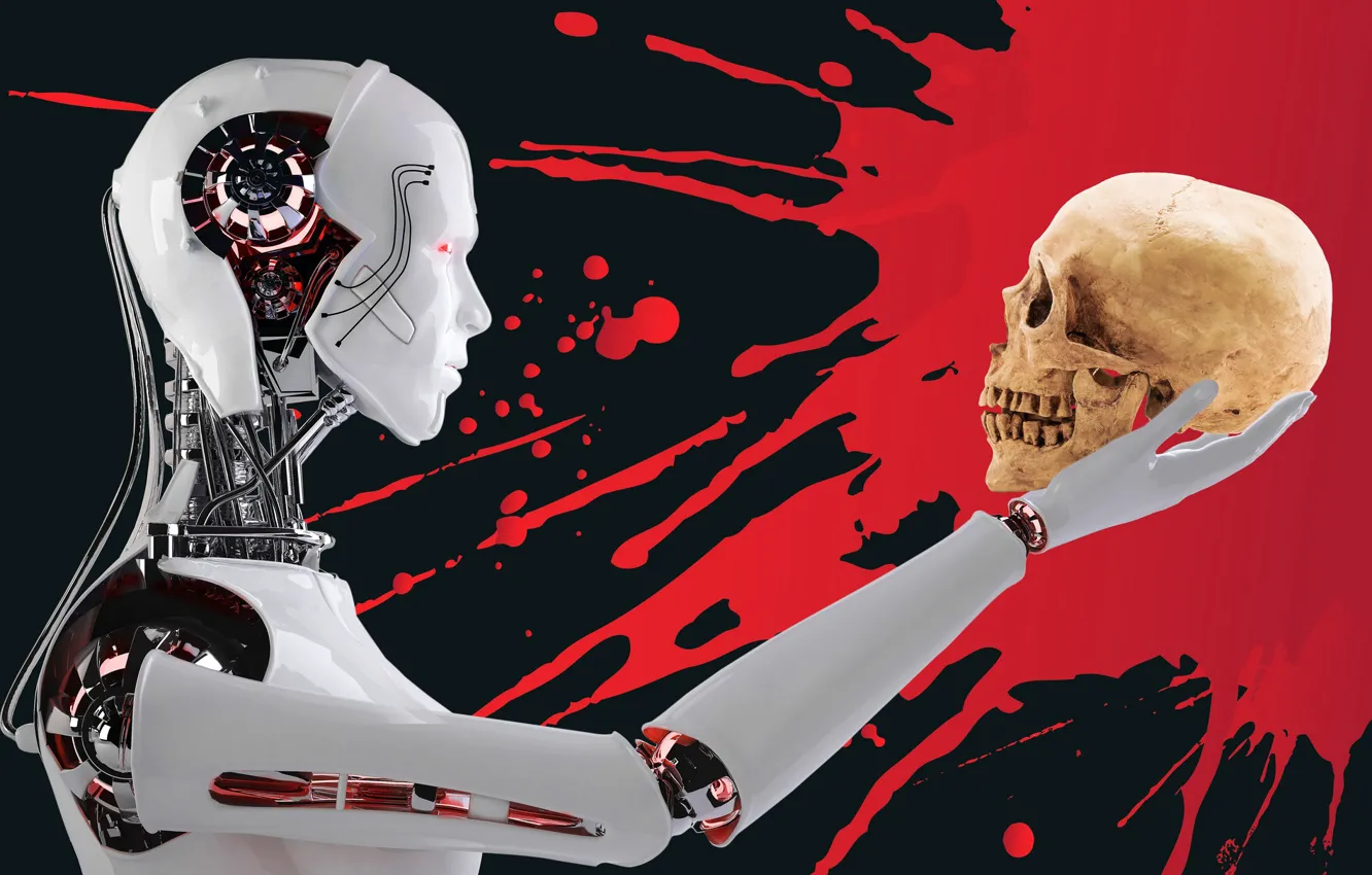 Фото обои фон, кровь, череп, робот
