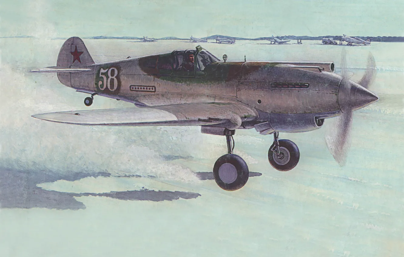 Фото обои Зима, Самолет, Истребитель, США, СССР, Взлет, Curtiss P-40 Warhawk, Истребитель Ленд-Лиза
