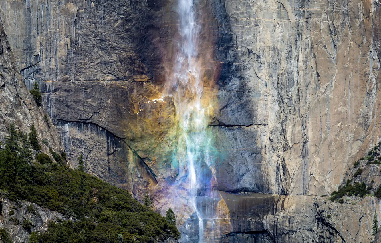 Фото обои природа, скала, гора, водопад, радуга, Yosemite Valley