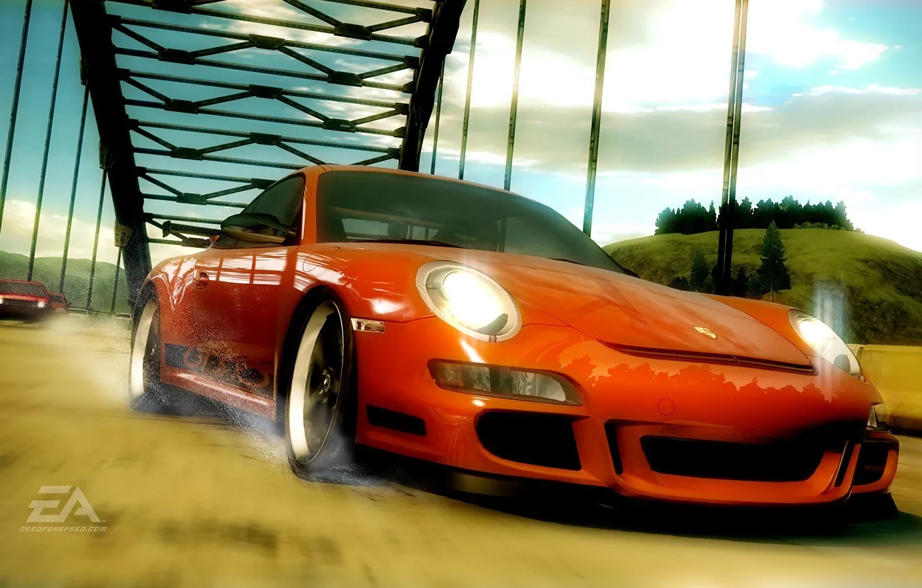 Фото обои дорога, брызги, мост, гонка, Need for Speed Undercover, Porsche gt3 rs