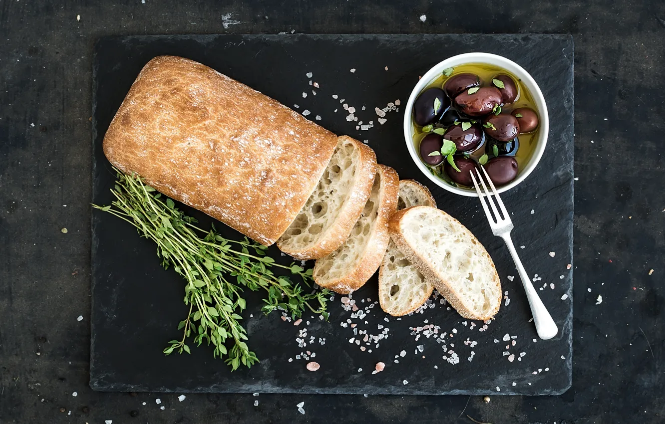 Фото обои еда, хлеб, оливки, bread, Italian, oil, olive, ciabatta