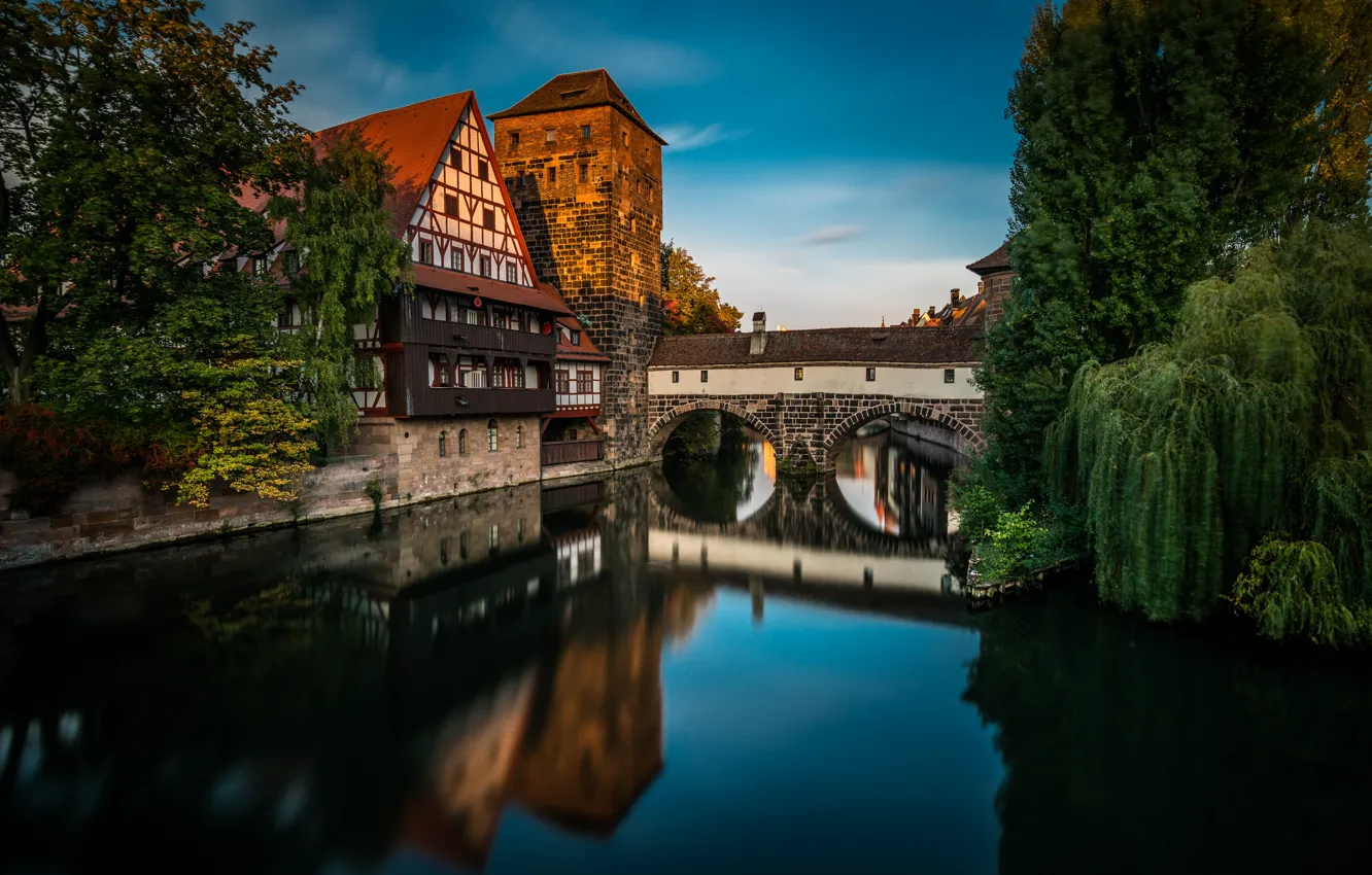 Фото обои мост, город, река, дома, Германия, Нюрнберг