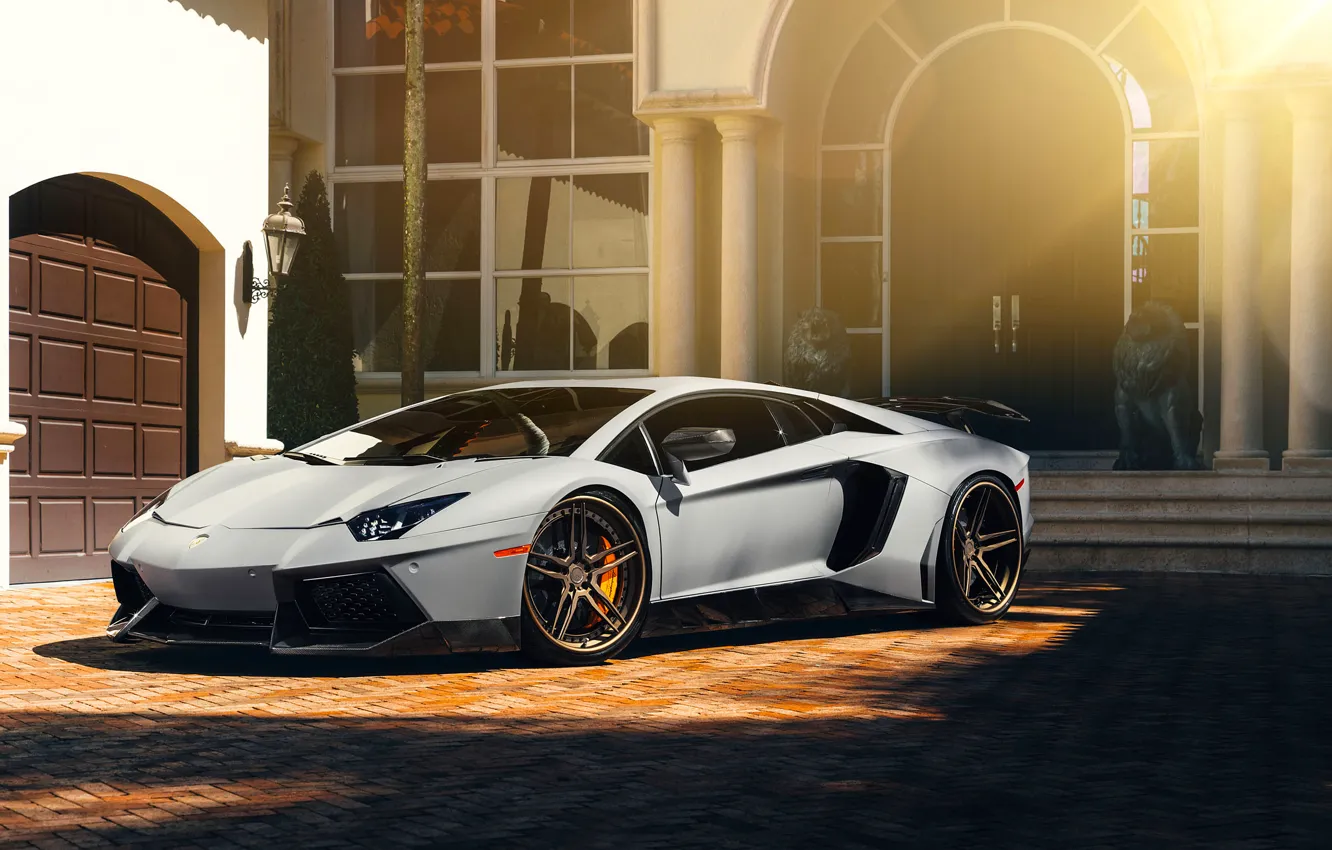 Фото обои Lamborghini, Front, Sun, White, Matte, Tuning, LP700-4, Aventador