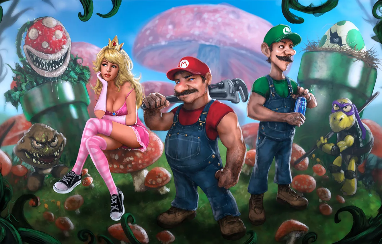Фото обои Mario, Luigi, Princess Peach, Mario Bros, Goomba, Koopa Troopa