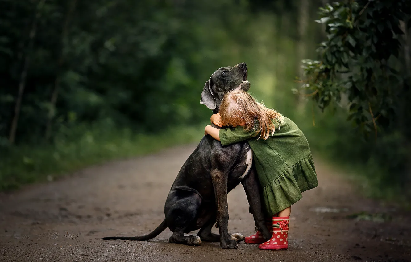 Фото обои природа, собака, платье, объятия, девочка, сапожки, малышка, ребёнок