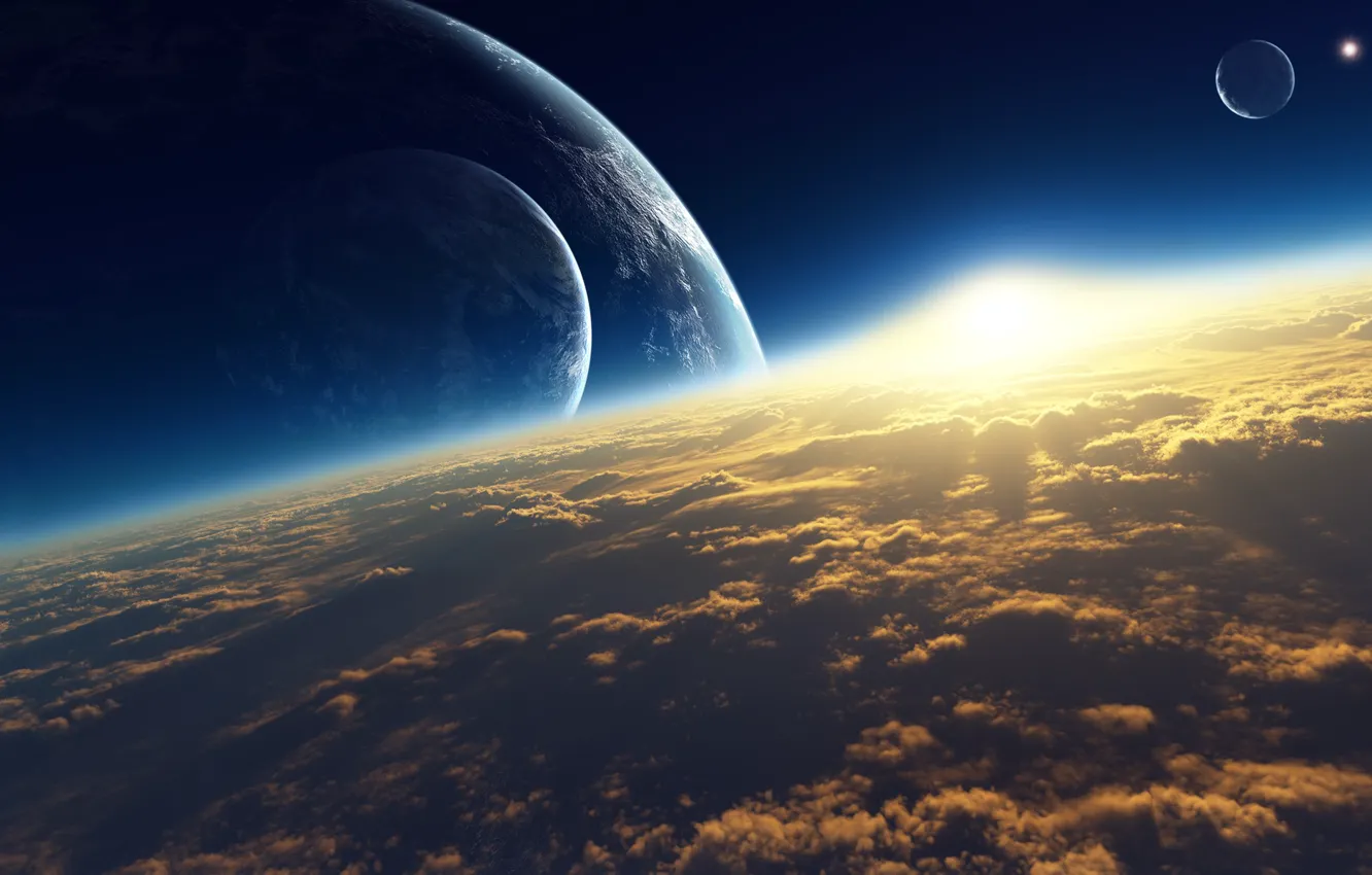 Фото обои космос, облака, восход, планета