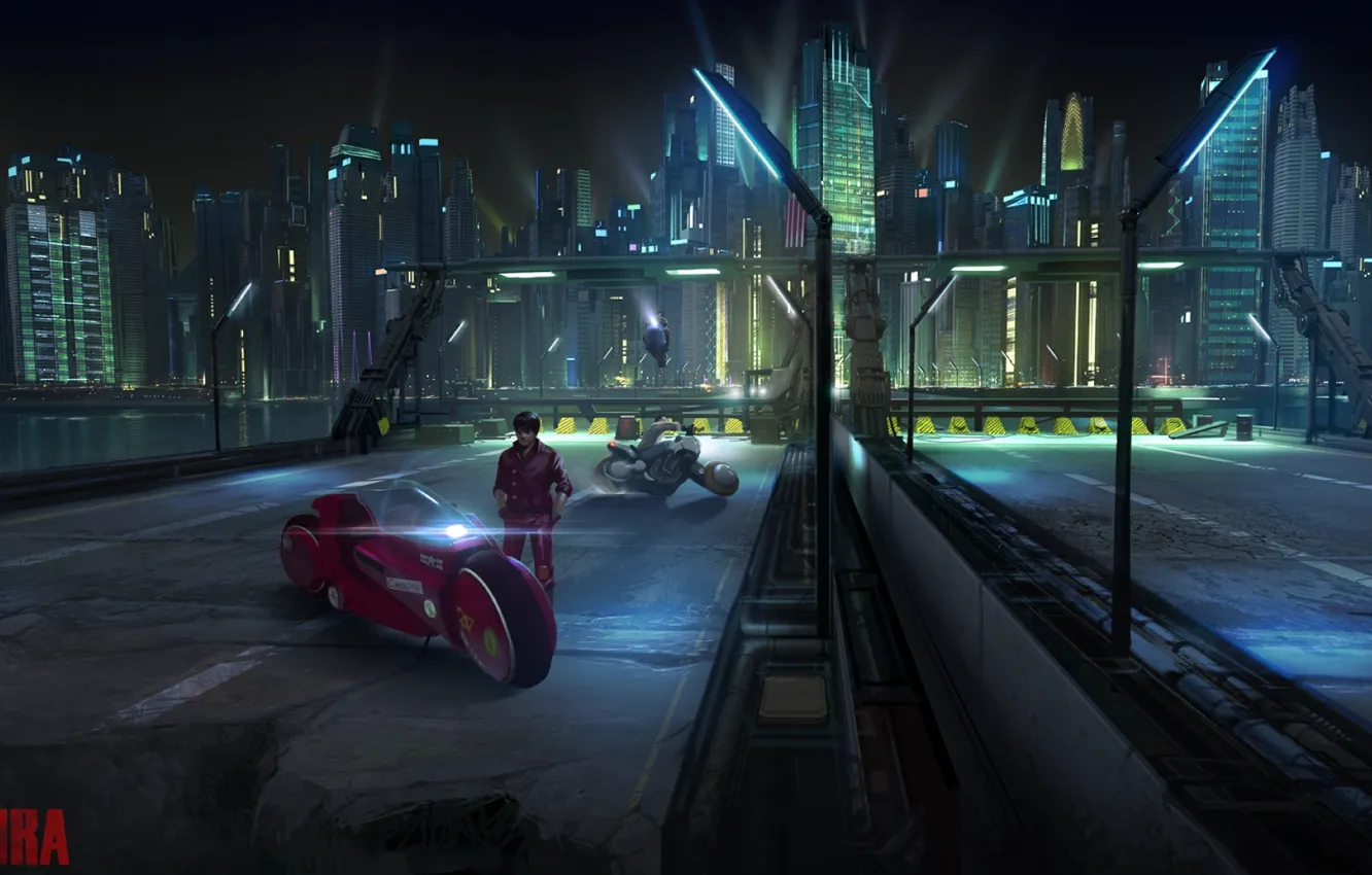 Фото обои мост, будущее, фантастика, здания, небоскребы, шоссе, фонари, мотоцикл