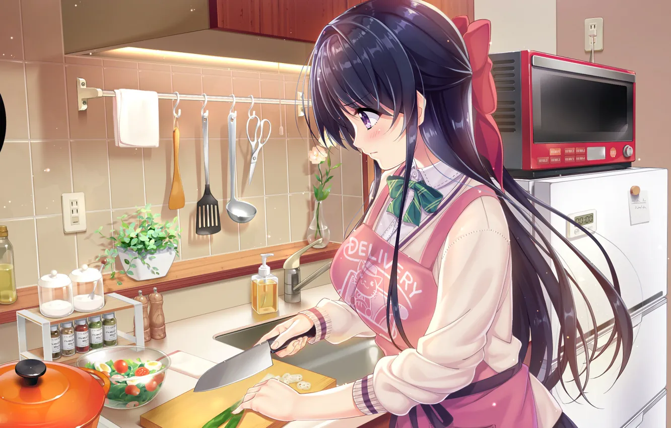 Фото обои цветы, Девушка, арт, кухня, нож, инструменты, бант, Anime