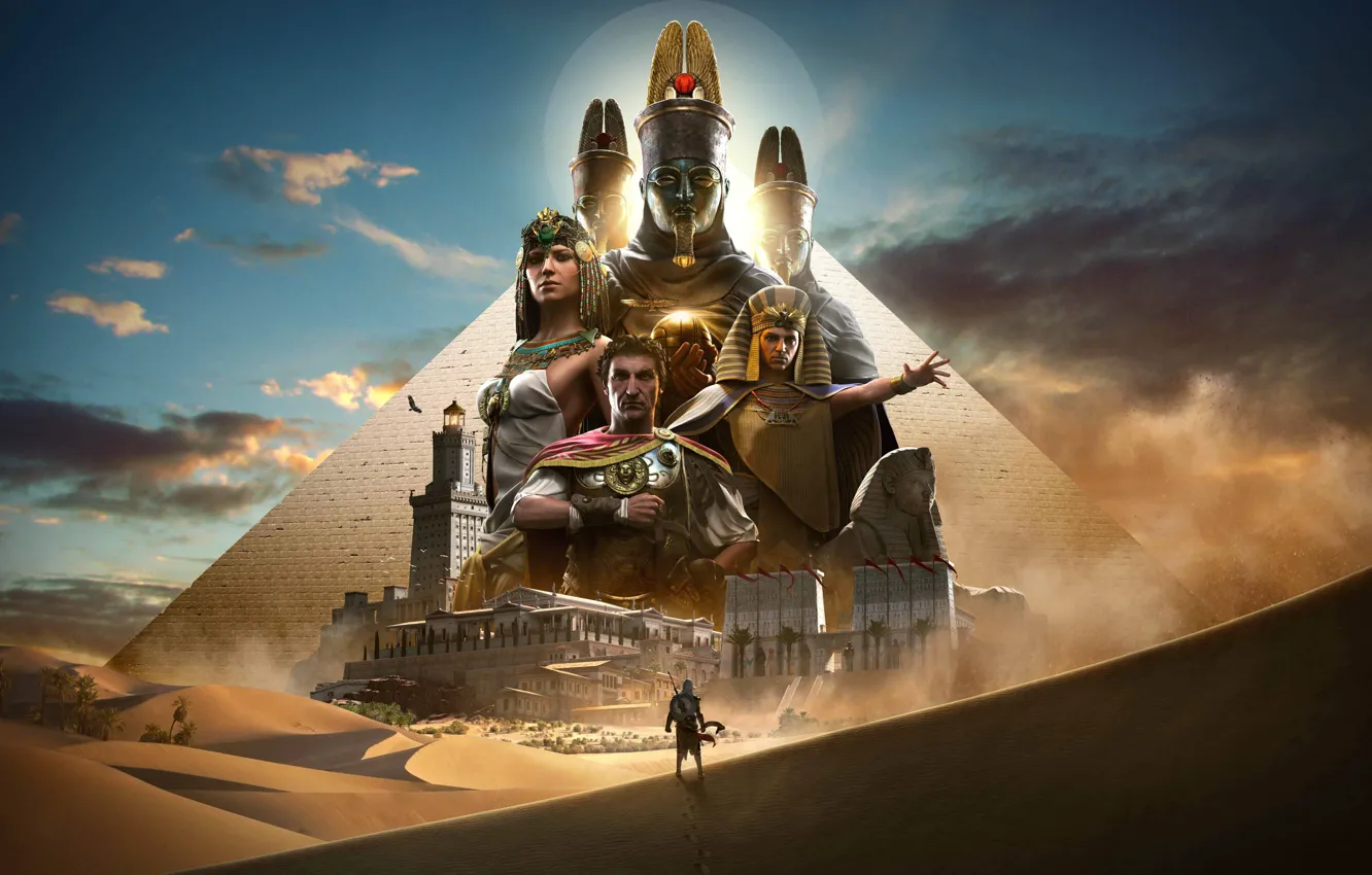 Фото обои Сфинкс, Пирамида, Египет, Assassin's Creed, Цезарь, Клеопатра, Assassin's Creed Origins, Bayek