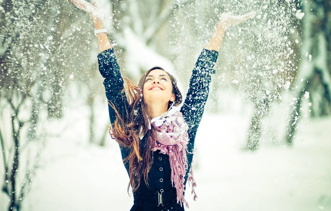 Фото обои зима, девушка, снег, настроение