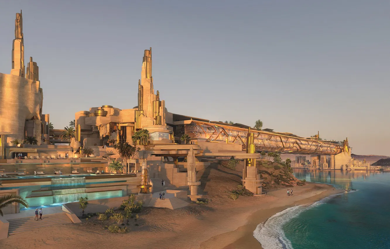 Фото обои lights, waterfall, hotel, Saudi Arabia, Lagoon, neom, waterpool