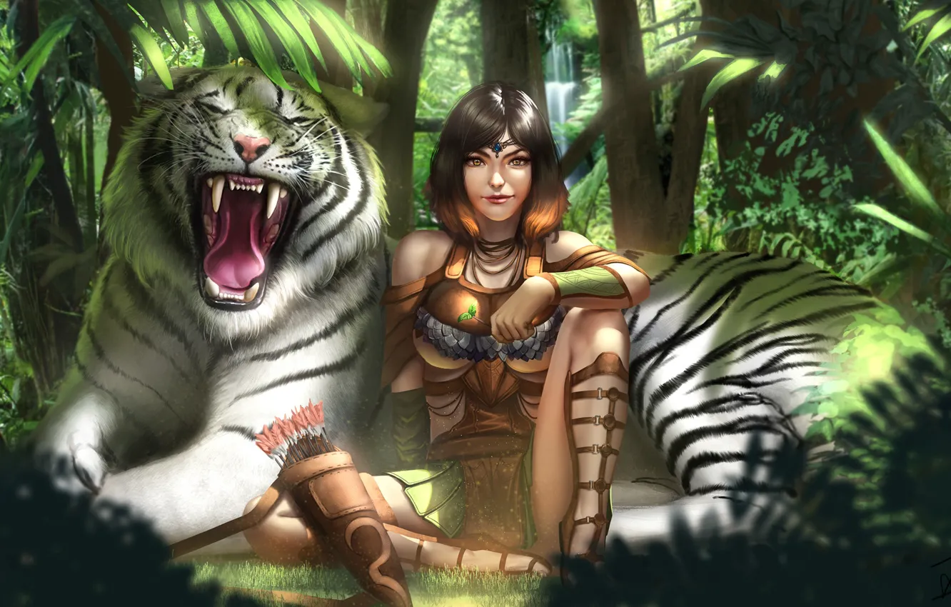 Фото обои лес, девушка, тигр, джунгли, арт, белый тигр, Kiera