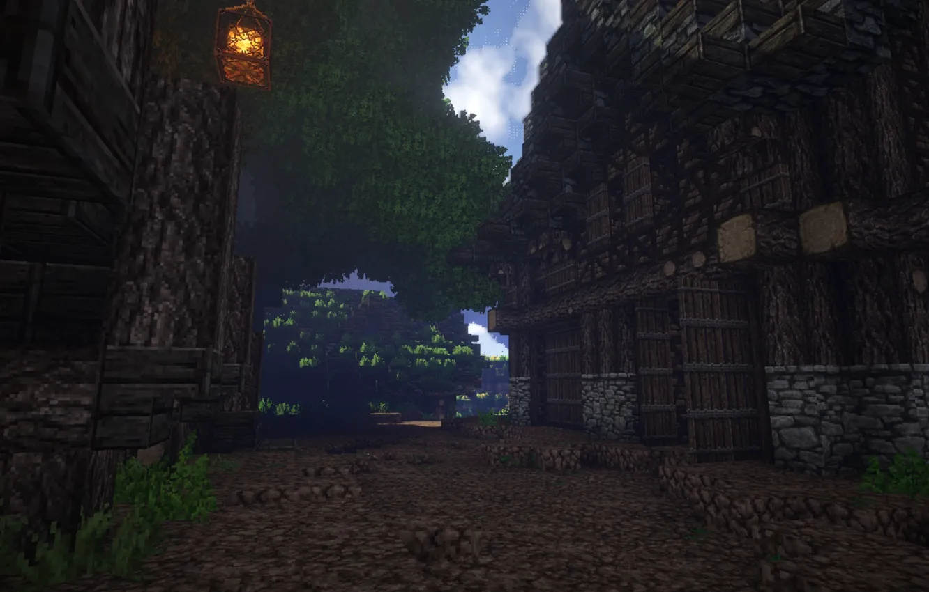 Фото обои трава, дом, дерево, улица, мрак, ворота, фонарь, Minecraft