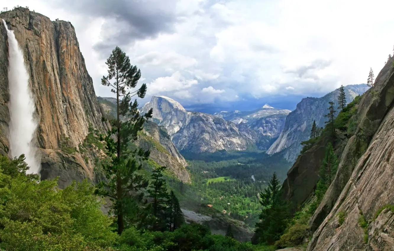 Фото обои небо, облака, деревья, горы, водопад