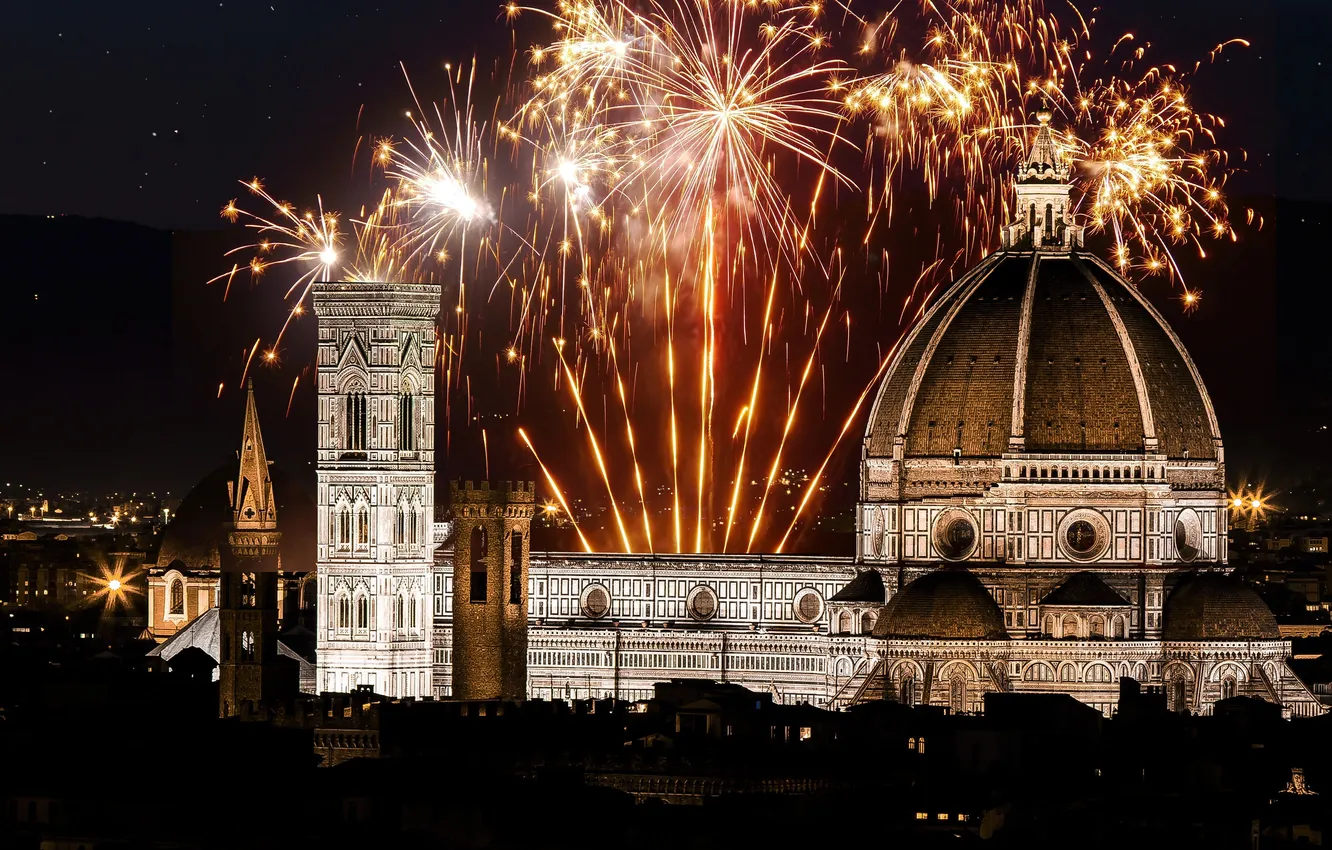 Фото обои Флоренция, Праздник, Архитектура, Тоскана, Florence, Fireworks, Tuscany, Фейерверки
