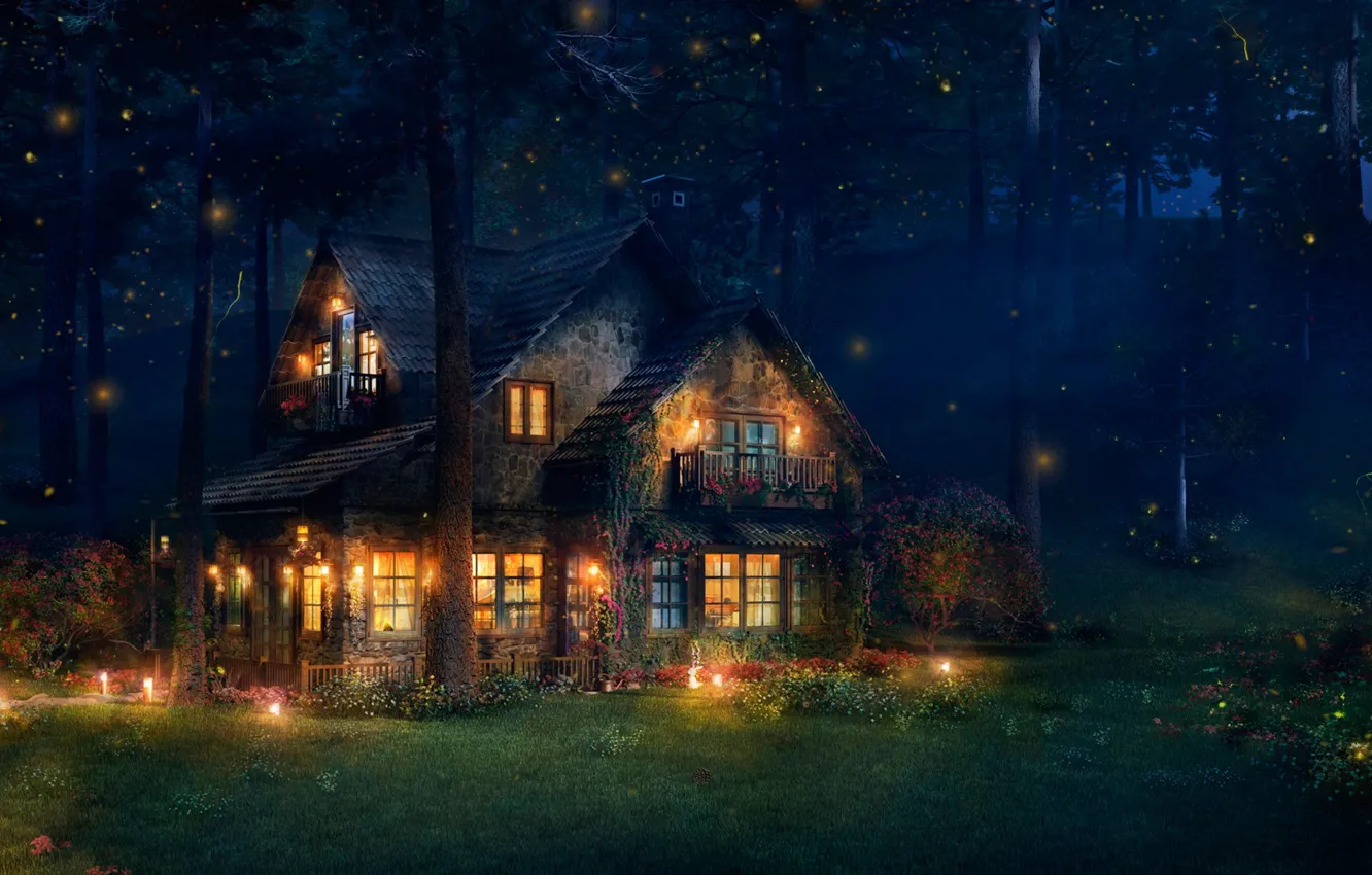 Фото обои лес, дом, светлячки, арт, The Firefly Cottage