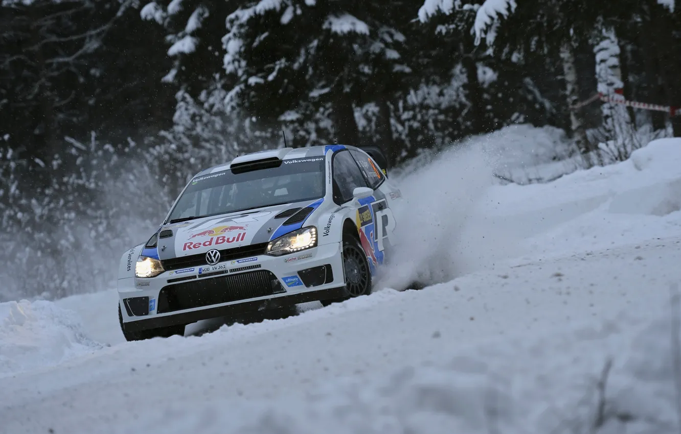 Фото обои Зима, Авто, Снег, Спорт, Volkswagen, Занос, Red Bull, WRC