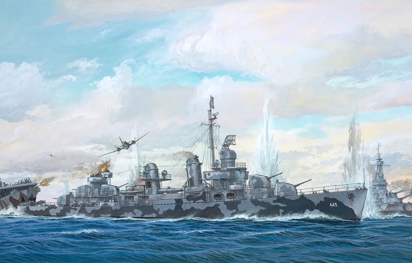 Фото обои корабль, арт, флот, сражение, американский, военный, эсминец, USS