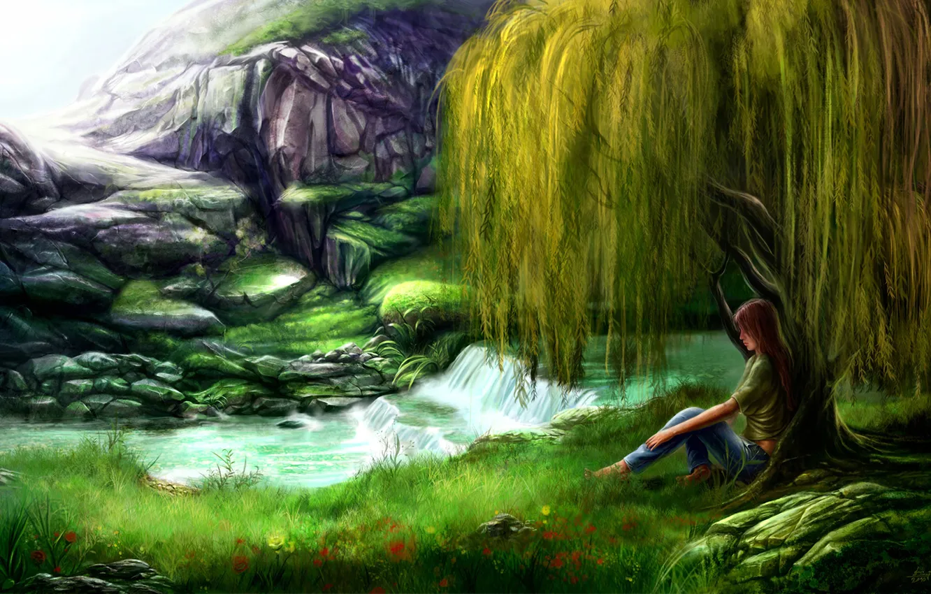 Фото обои трава, цветы, гора, водопад, Девушка, ива
