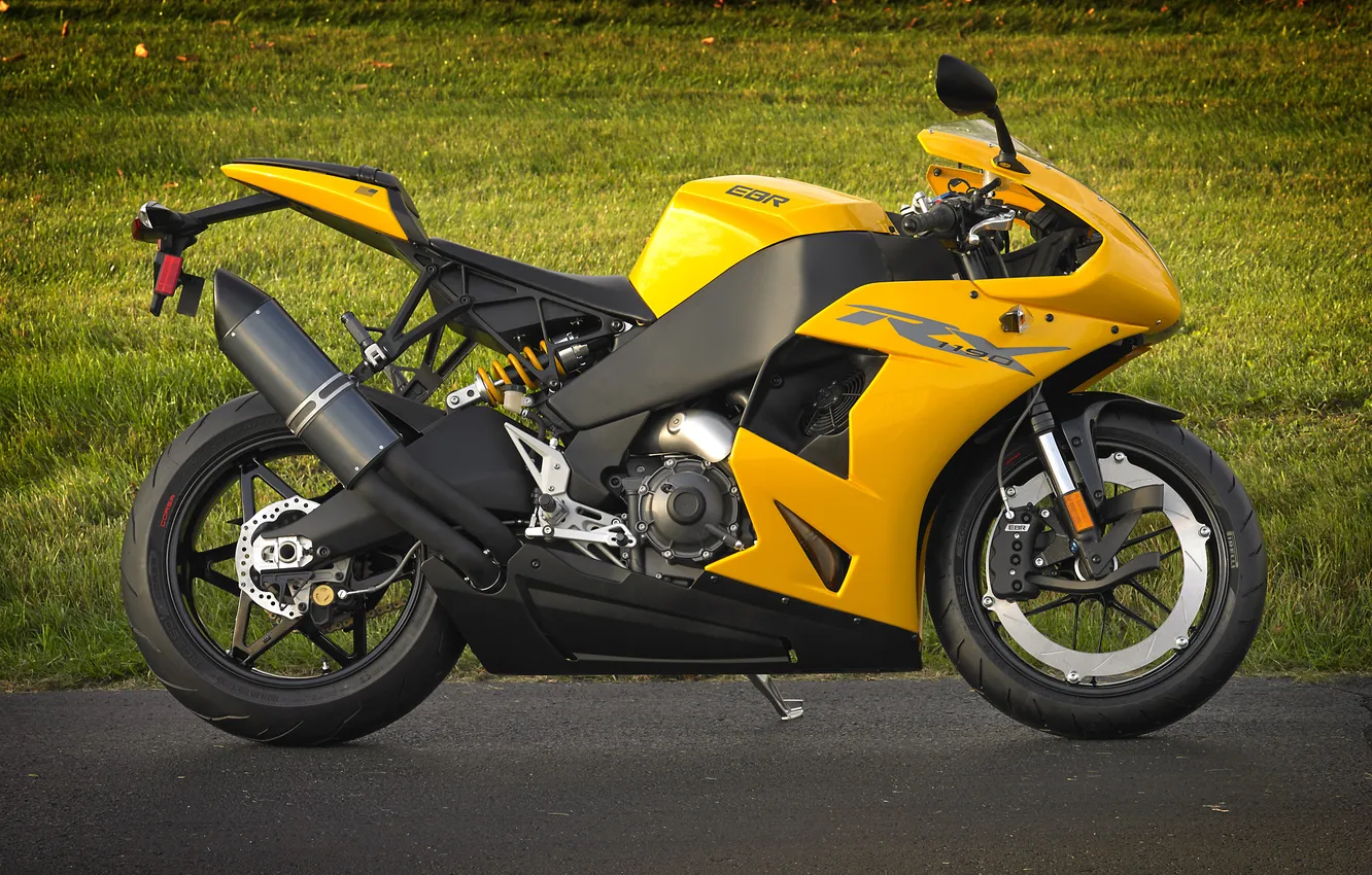 Фото обои газон, мотоцикл, профиль, суперспорт, bike, yellow, EBR, 1198rx