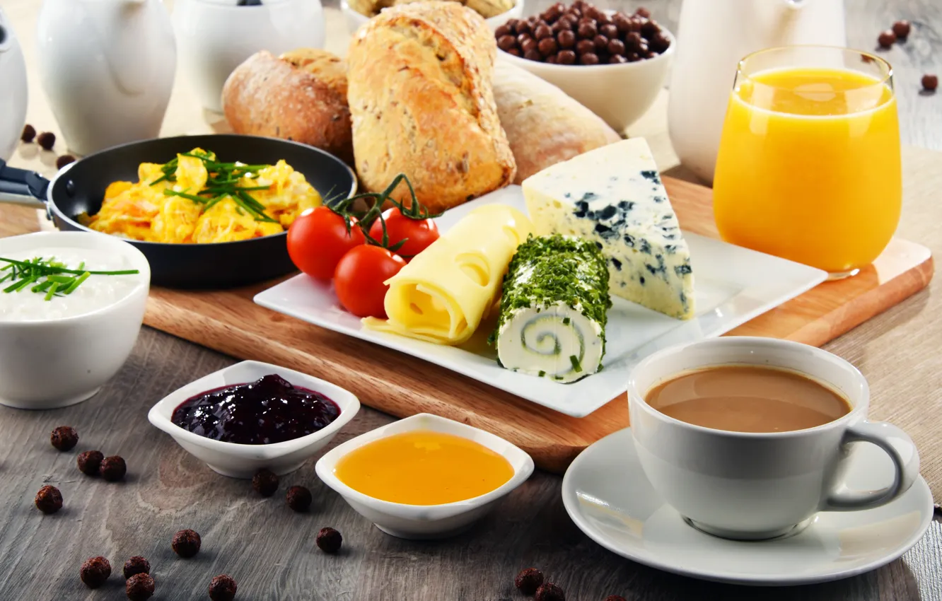 Фото обои кофе, еда, завтрак, сыр, сок, хлеб, джем, хлопья