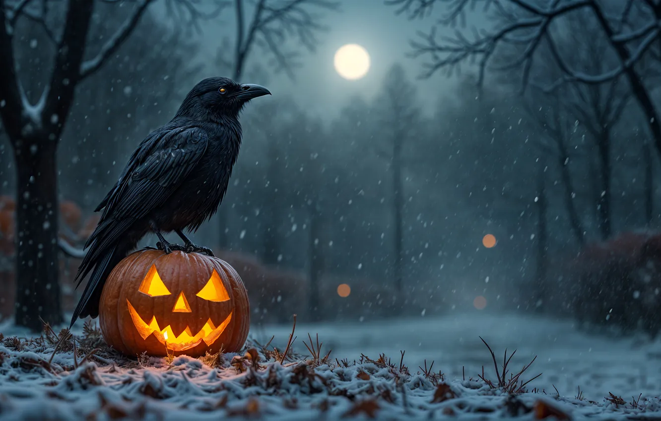 Фото обои Halloween, Crow, Snowfall, Halloween Pumpkin, Winter snow, Celebrations, Halloween night