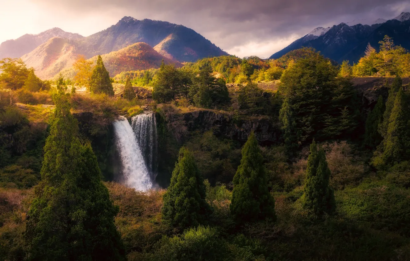 Фото обои осень, свет, деревья, горы, природа, водопад, Национальный парк