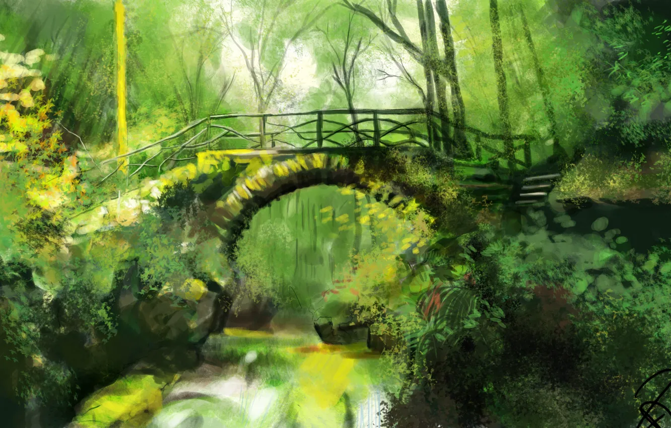 Фото обои зелень, лес, мост, природа, арт, Antonio Rodríguez Pacheco