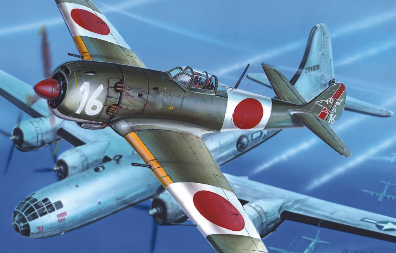 Фото обои небо, рисунок, истребитель, арт, бомбардировщики, самолёты, японский, WW2