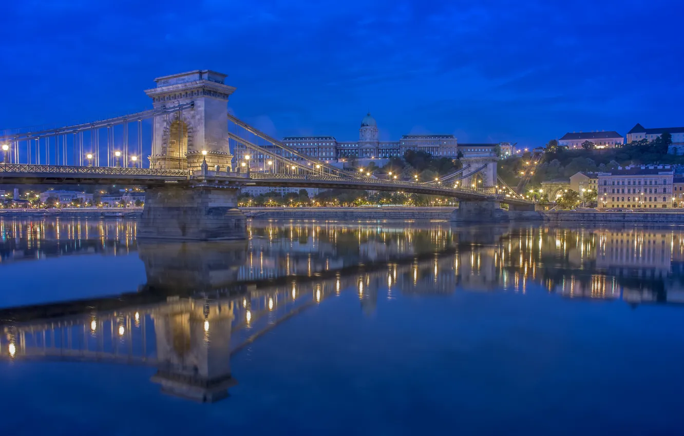 Фото обои мост, огни, река, дома, вечер, опора, Венгрия, Будапешт