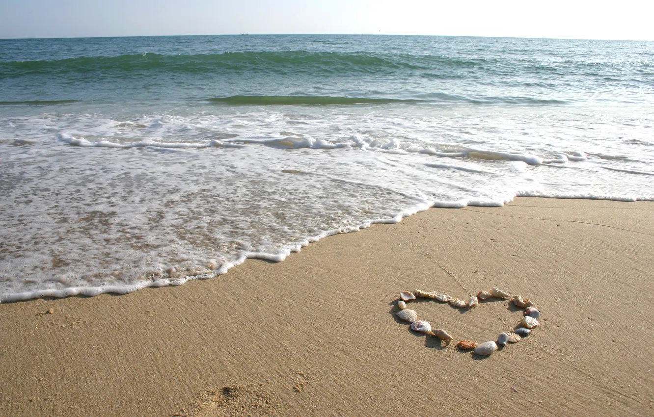Фото обои море, волны, пляж, пейзаж, берег, сердце, ракушки