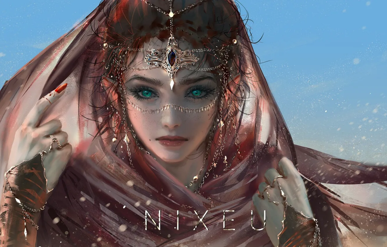 Фото обои голубые глаза, диадема, родинки, цепочки, прозрачная ткань, портрет девушки, драгоценное украшение, by NIXEU