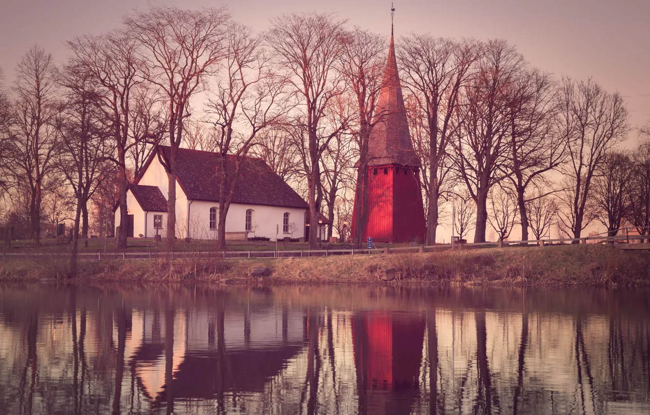 Фото обои деревья, озеро, отражение, церковь, trees, lake, reflection, church