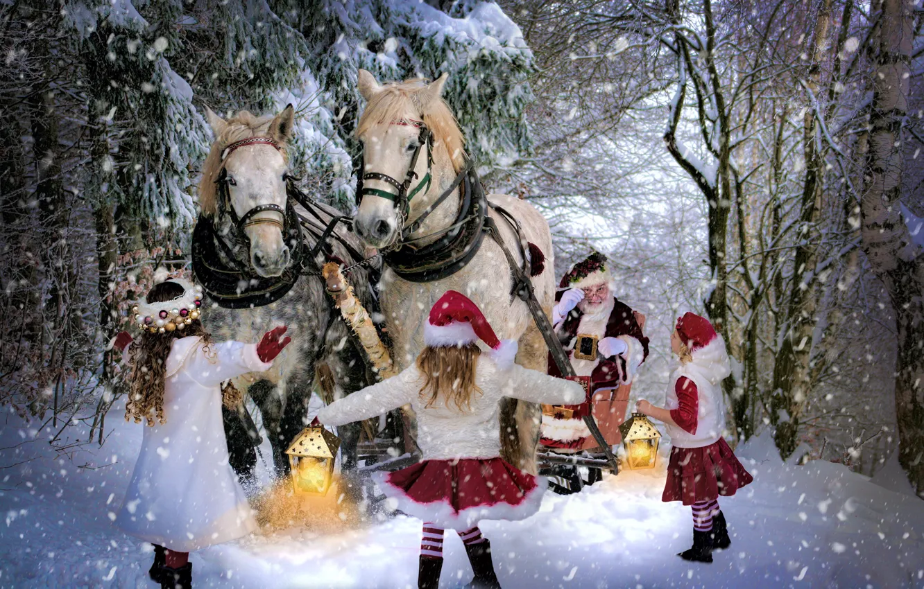 Фото обои зима, радость, дети, встреча, рождество, лошади, подарки, упряжка