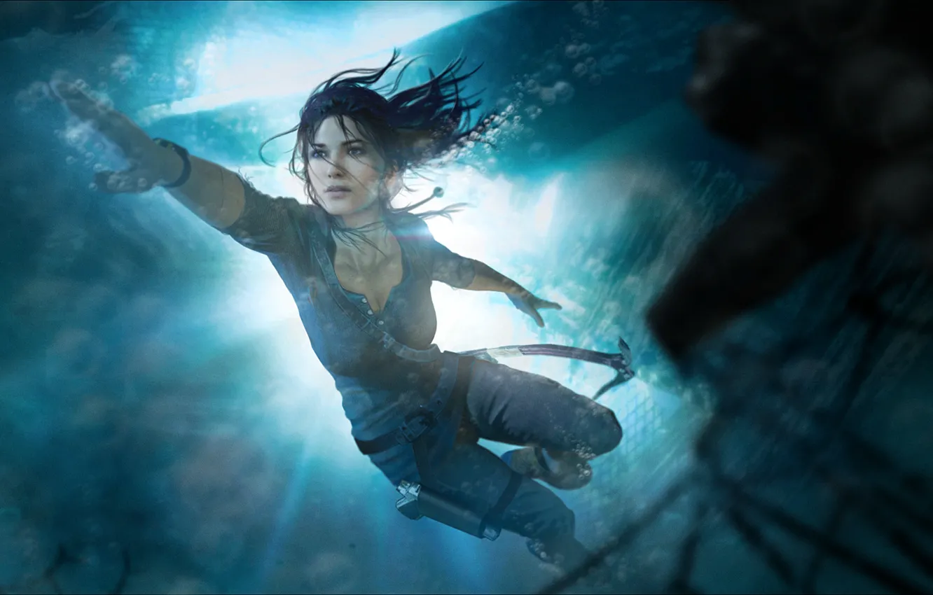 Фото обои море, девушка, lara croft, tomb raider, под водой, underwater, art, плывет