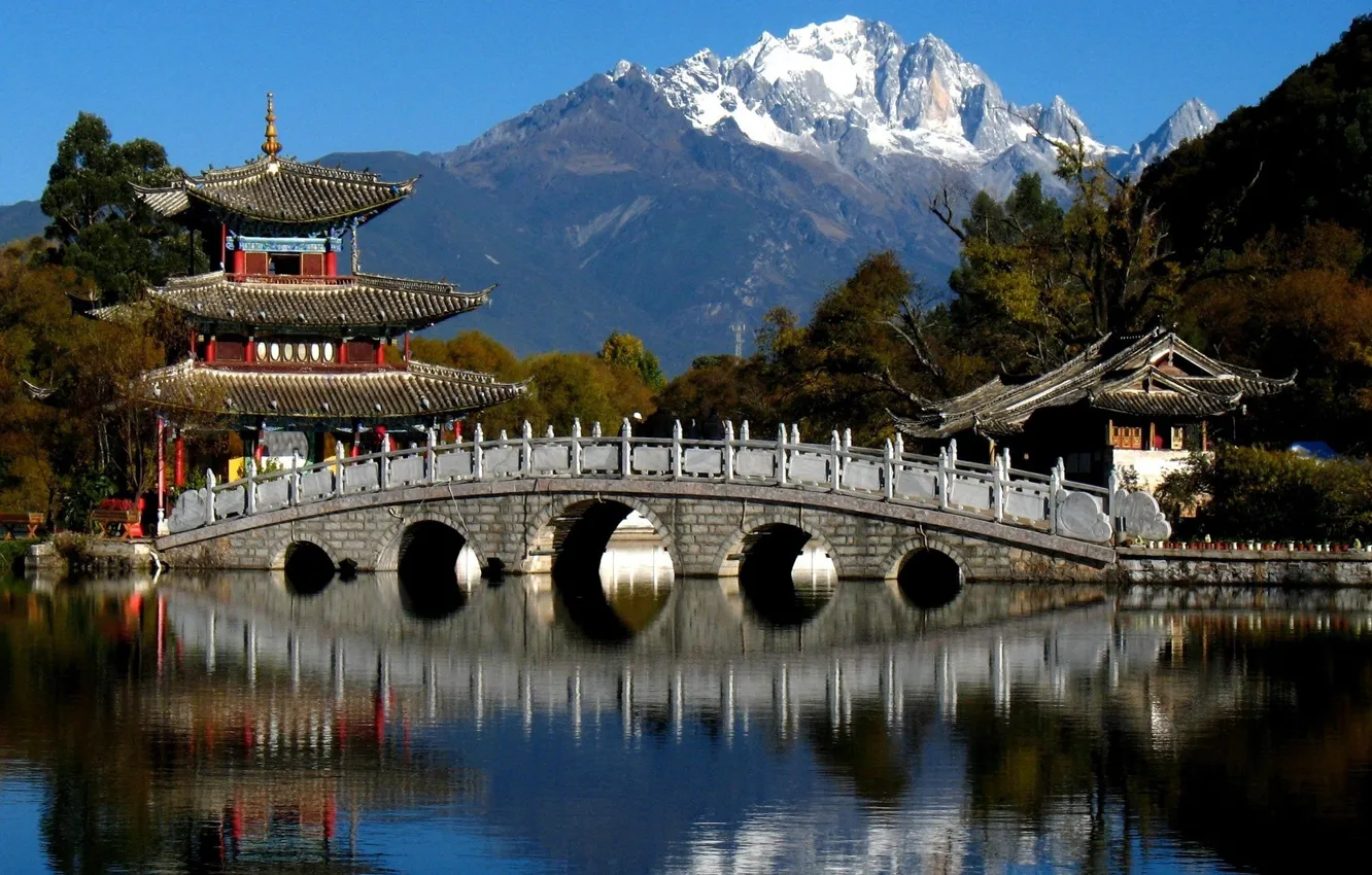 Фото обои деревья, горы, мост, река, Китай, пагода