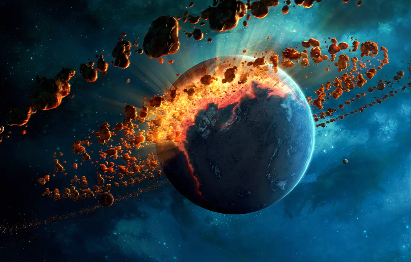 Фото обои космос, фантастика, планета, арт, разрушение, метеоритный пояс