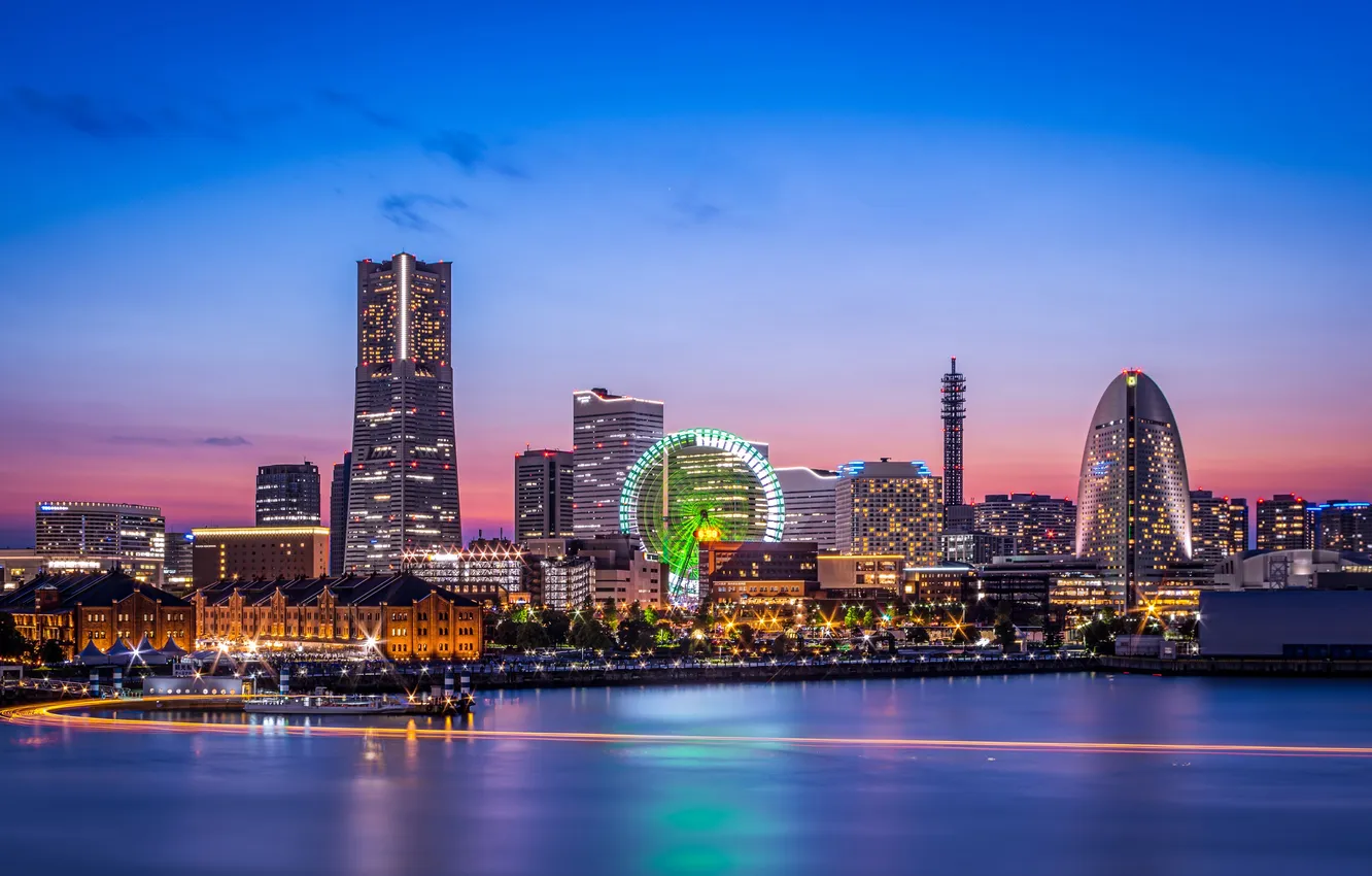Фото обои Море, Ночь, Город, Небоскребы, Красота, Mirai, Yokohama, Минато
