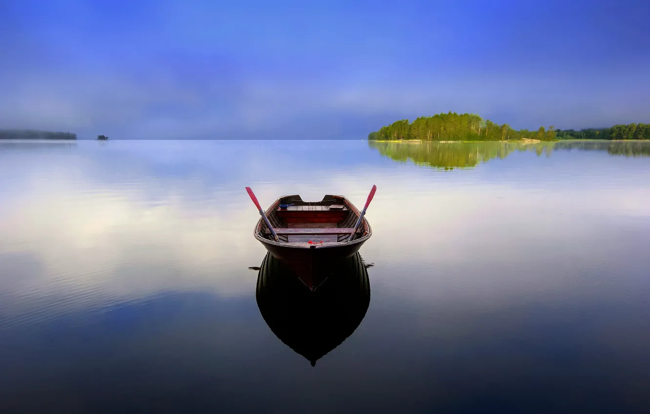 Фото обои озеро, отражение, лодка, Финляндия, Кариярви