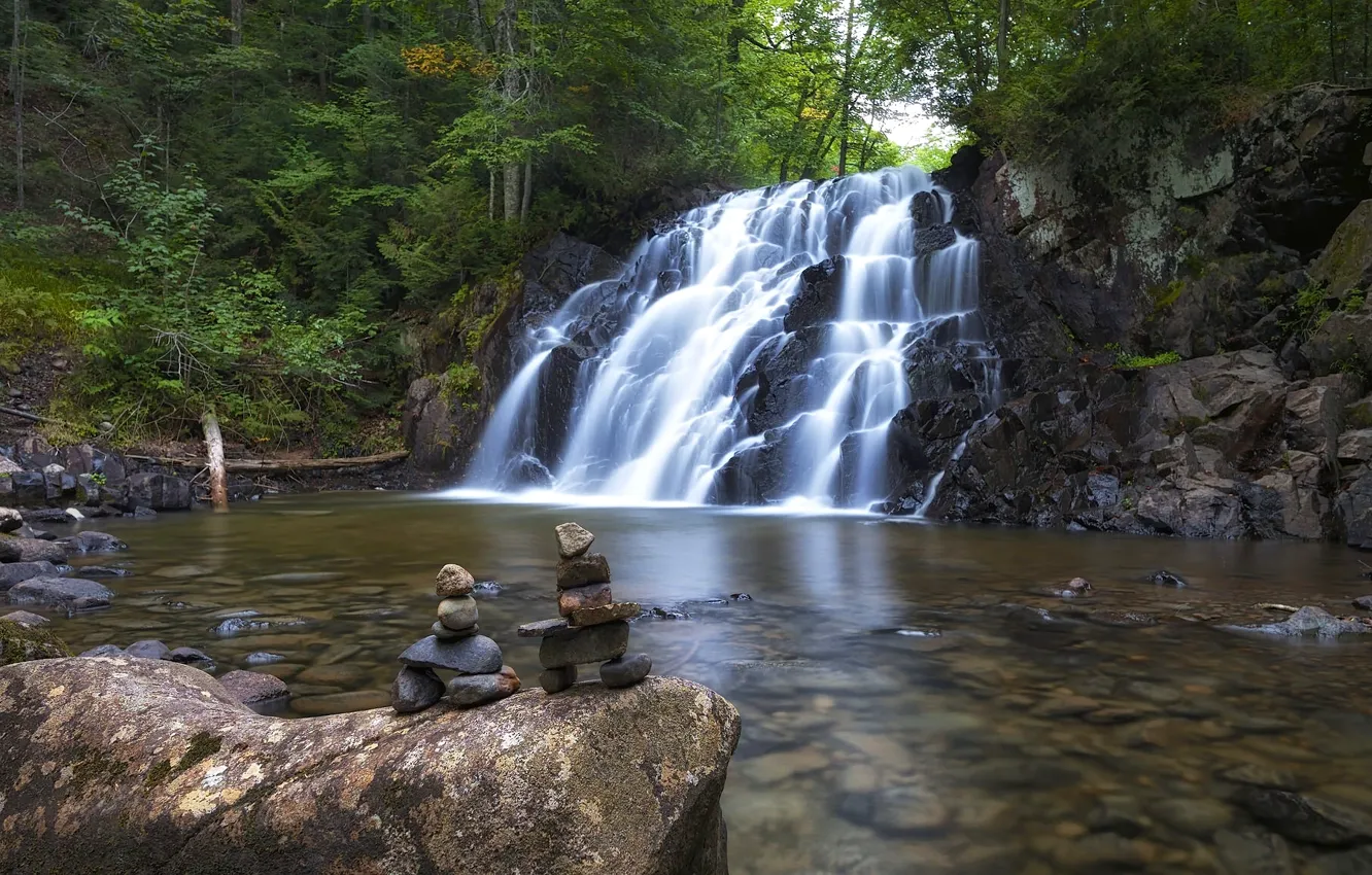 Фото обои лес, река, камни, водопад, Канада, Онтарио, Canada, Ontario