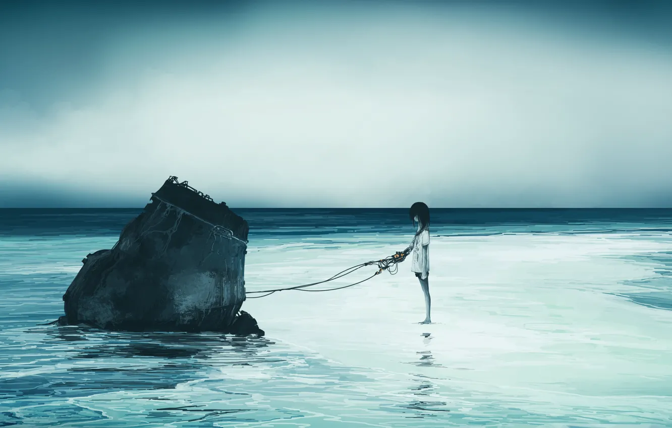 Фото обои море, девочка, прикована, обломок