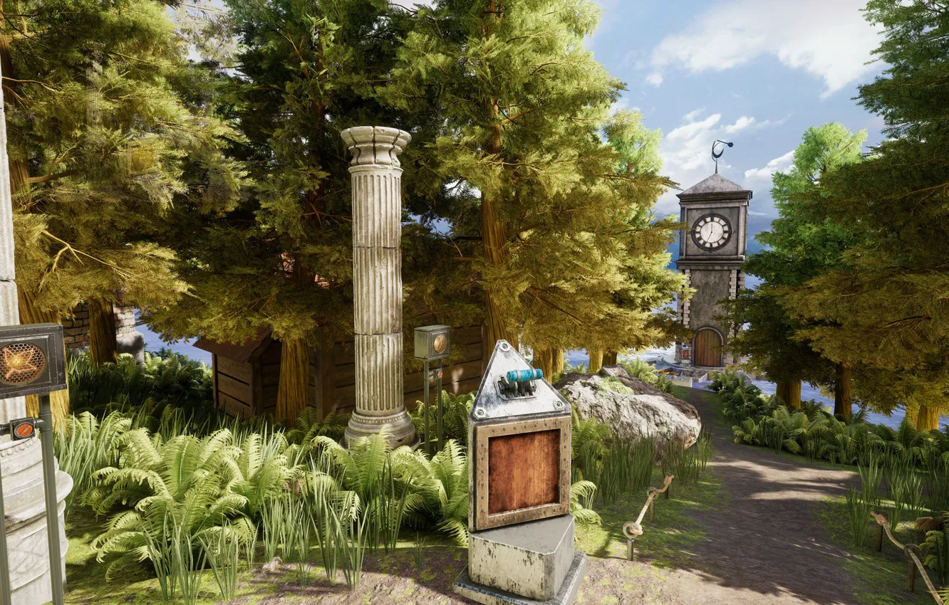 Фото обои растительность, часы, башня, Cyan Inc, MYST VR