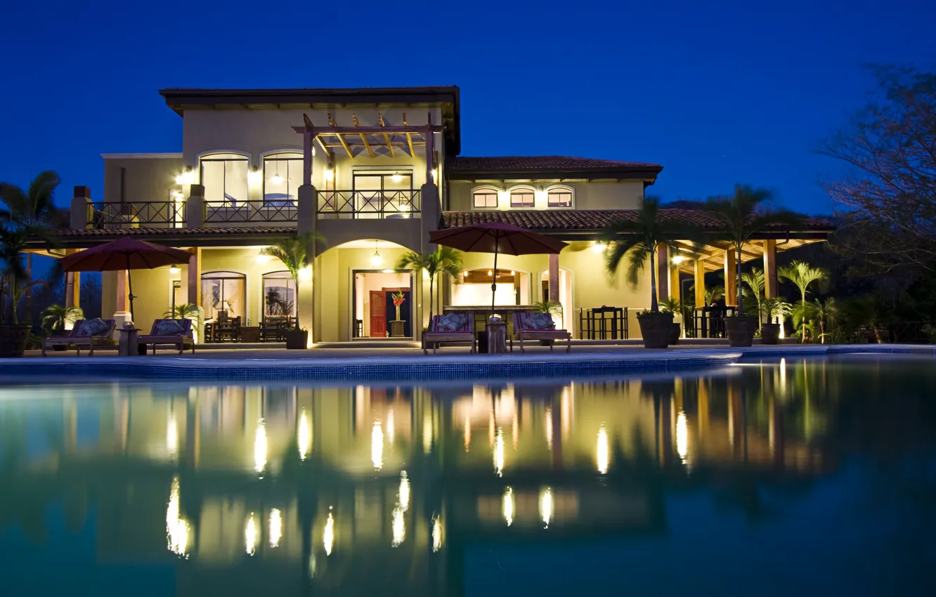 Фото обои ночь, вилла, бассейн, освещение, архитектура, особняк