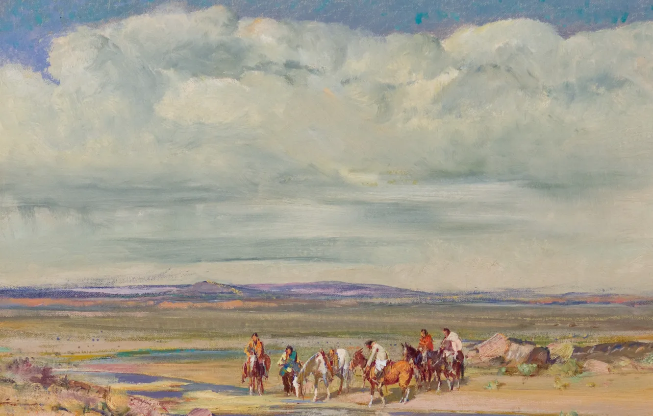 Фото обои облака, река, лошади, индейцы, 1951, Oscar Edmund Berninghaus, Stream in the Desert